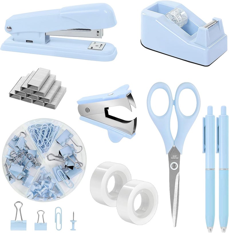 Skydue Blue Office Desk Accessories, Blue Office Supplies, Stapler, Tape Dispenser, Scissors, Clips and 1000pcs Staples,Desk Supplies for Women - Image 1